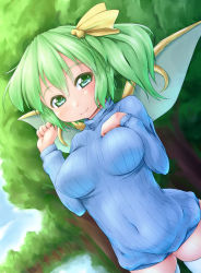 Rule 34 | 1girl, blush, bottomless, breasts, daiyousei, female focus, green eyes, green hair, hair ribbon, hand on breast, large breasts, long hair, long sleeves, matching hair/eyes, naked sweater, navel, ribbed sweater, ribbon, short hair, side ponytail, smile, solo, sweater, thighhighs, touhou, tree, waribashi-p, water, white thighhighs, wings