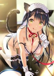 Rule 34 | 1girl, animal ears, bell, black hair, blush, bow, bra, breasts, cat ears, cat tail, choker, cleavage, collarbone, frilled bra, frilled thighhighs, frills, gloves, hand up, harunoibuki, high heels, kneeling, large breasts, leash, looking at viewer, maid headdress, milk, neck bell, original, paw pose, red footwear, ribbon-trimmed bra, smile, solo, tail, thighhighs, tongue, tongue out, underwear, white bra, white gloves, wooden floor, yellow eyes