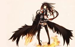 Rule 34 | 1girl, alternate weapon, arm cannon, black thighhighs, bow, brown hair, female focus, fire, ganesagi, hair bow, long hair, looking back, red eyes, reiuji utsuho, simple background, skirt, solo, source request, thighhighs, third eye, touhou, weapon, wings, zettai ryouiki