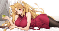 Rule 34 | 1girl, blonde hair, blush, breasts, cross, cross necklace, cup, dress, earrings, ereshkigal (bitter sweet) (fate), ereshkigal (fate), fate/grand order, fate (series), holding, holding cup, jewelry, large breasts, long hair, looking at viewer, necklace, pantyhose, red dress, red eyes, ribbon, tony guisado, twintails, white ribbon