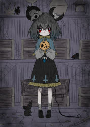 Rule 34 | 1girl, animal ears, blue capelet, bow, bowtie, box, capelet, closed mouth, coin, commentary request, crown, crystal, dotaku (wran8845), expressionless, full body, grey hair, grey skirt, halloween, highres, holding, jewelry, long sleeves, looking at viewer, mouse (animal), mouse ears, mouse girl, mouse tail, nazrin, pendant, red eyes, shirt, short hair, signature, skirt, solo, standing, tail, touhou, treasure chest, white shirt, yellow bow, yellow bowtie