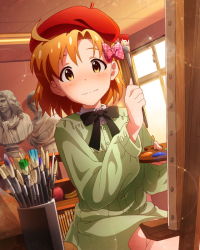 Rule 34 | 10s, 1girl, ahoge, art brush, art room, beret, blush, brown eyes, brown hair, canvas (object), easel, hair ribbon, hat, idolmaster, idolmaster million live!, looking at viewer, official art, paintbrush, painting (action), palette (object), ribbon, sculpture, short hair, solo, upper body, wavy mouth, yabuki kana