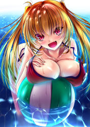 Rule 34 | &gt;:d, 1girl, :d, akeyama kitsune, ball, bare shoulders, beachball, bikini, blonde hair, blush, breast rest, breast suppress, breasts, cleavage, collarbone, commentary request, fang, halterneck, large breasts, leaning forward, long hair, looking at viewer, open mouth, original, partially submerged, photoshop (medium), red bikini, red eyes, seika (akeyama kitsune), sleeveless, smile, solo, swimsuit, tsurime, twintails, v-shaped eyebrows