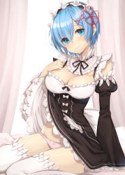 Rule 34 | 1girl, bad id, bad pixiv id, bare shoulders, bed sheet, black dress, blue eyes, breasts, cleavage, closed mouth, clothes lift, commentary request, curtains, detached collar, detached sleeves, dress, dress lift, hair between eyes, hair ornament, hairband, hairclip, hand on own chest, highres, large breasts, lifting own clothes, light frown, lolita hairband, long sleeves, looking at viewer, on bed, panties, re:zero kara hajimeru isekai seikatsu, red ribbon, rem (re:zero), ribbon, short hair, sitting, solo, thighhighs, underwear, upskirt, wariza, white panties, white thighhighs, x hair ornament, yuzu-aki
