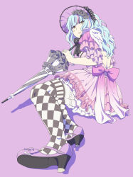 Rule 34 | 1girl, back, blue hair, blunt bangs, bonnet, breasts, checkered clothes, checkered legwear, dress, high heels, lolita fashion, long hair, looking at viewer, mattaku mousuke, open mouth, original, pink hair, silhouette, simple background, sitting, solo, thighhighs, umbrella, yellow eyes
