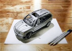 Rule 34 | absurdres, bmw, bmw x5, bonbon20170916, colored pencil, colored pencil (medium), highres, original, paper, pencil, shadow, sports utility vehicle, still life, toy car, traditional media, vehicle focus