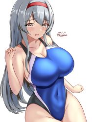 Rule 34 | 1girl, black one-piece swimsuit, blue one-piece swimsuit, blush, breasts, brown eyes, competition swimsuit, covered navel, cowboy shot, dated, hairband, headband, highleg, highleg swimsuit, highres, kantai collection, large breasts, long hair, looking at viewer, montemasa, one-hour drawing challenge, one-piece swimsuit, shoukaku (kancolle), simple background, smile, solo, swimsuit, twitter username, two-tone swimsuit, white background, white hair
