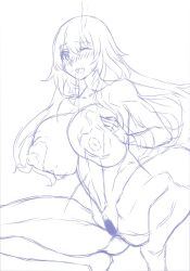 Rule 34 | 10s, 1girl, atago (kancolle), bad id, bad twitter id, blush, breasts, hands on own chest, huge breasts, kantai collection, long hair, mizuumi (bb), nipples, one eye closed, open mouth, saliva, sketch, squatting, sweat