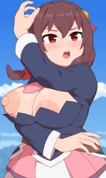 Rule 34 | 1girl, alternate height, arm under breasts, arm up, belt, black shirt, blue sky, blush, breasts, brown belt, brown hair, cleavage cutout, clothing cutout, cloud, clueless, cowboy shot, day, dot nose, eyebrows, eyelashes, female focus, kabeume, kono subarashii sekai ni shukufuku wo!, large areolae, large breasts, long hair, long sleeves, looking afar, necktie, nipples, one breast out, open mouth, pink necktie, pink skirt, plump, red eyes, serious, shirt, shortstack, skirt, sky, solo, standing, teeth, upper teeth only, yunyun (konosuba)