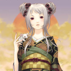 Rule 34 | ayumi k, japanese clothes, kimono, mouse (animal), original, red eyes, silver hair, sky, solo