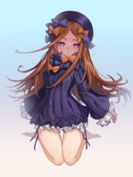 Rule 34 | 1girl, abigail williams (fate), bare legs, barefoot, black bow, black hat, blonde hair, blue background, blue eyes, bow, breasts, commentary request, dress, fate/grand order, fate (series), hair bow, hat, highres, long hair, long sleeves, looking at viewer, moth1, multiple hair bows, orange bow, parted bangs, simple background, sleeves past wrists, small breasts, solo
