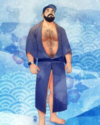 Rule 34 | 1boy, arm hair, arms at sides, bara, bare pectorals, baseball cap, beard, blue kimono, blue male underwear, bulge, chest hair, commission, daisukebear, facial hair, full body, hairy, hat, head tilt, highres, japanese clothes, kimono, large pectorals, leg hair, male focus, male underwear, male underwear peek, mature male, muscular, muscular male, navel, navel hair, nipples, open clothes, open kimono, original, pectorals, realistic, short hair, solo, standing, stomach, thick mustache, thick thighs, thighs, undercut, underwear