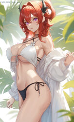 Rule 34 | 1girl, abpart, arknights, artist name, bare shoulders, bikini, black bikini bottom, breasts, commentary, english commentary, front-tie bikini top, front-tie top, hair intakes, hair ornament, highres, horns, large breasts, long hair, long sleeves, looking at viewer, navel, off shoulder, open clothes, outdoors, parted lips, patreon username, purple eyes, red hair, shirt, side-tie bikini bottom, slit pupils, smile, solo, star (symbol), star hair ornament, stomach, surtr (arknights), swimsuit, thighs, white bikini