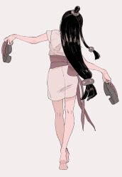 Rule 34 | 1girl, ace attorney, barefoot, black hair, facing away, from behind, full body, grey background, highres, holding, holding clothes, holding footwear, holding shoes, japanese clothes, kimono, long hair, maya fey, obi, omen hohoho, outstretched arms, pink sash, sandals, sash, shoes, unworn shoes, short kimono, simple background, solo, standing, walking, white kimono