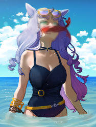 Rule 34 | 1girl, alternate eye color, animal ears, bare arms, bare shoulders, black choker, black one-piece swimsuit, blue sky, blunt bangs, blurry, breasts, choker, cleavage, cloud, commentary request, day, eyewear on head, fish, gold ship (run revolt launcher) (umamusume), gold ship (umamusume), green eyes, highres, horse ears, long hair, medium breasts, mouth hold, one-piece swimsuit, purple hair, sky, solo, standing, sunglasses, swimsuit, umamusume, very long hair, wading, water, white hair, yamashita momiyo