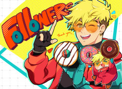 Rule 34 | blonde hair, blush stickers, chibi, coat, doughnut, dual persona, earrings, english text, food, gecko 466011, happy, jewelry, male focus, mole, mole under eye, open mouth, red coat, single earring, sunglasses, trigun, trigun stampede, vash the stampede