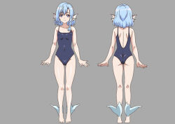 Rule 34 | 1girl, blue hair, character sheet, enjo kouhai, fish girl, grey background, monster girl, official art, solo, swimsuit, tagme