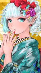 Rule 34 | 1girl, :o, aqua eyes, aqua hair, blunt bangs, earrings, eyelashes, eyeliner, fingers to mouth, flower, hair flower, hair ornament, hair ribbon, hairclip, highres, japanese clothes, jewelry, kanrobi, kimono, looking at viewer, makeup, mole, mole on neck, nail polish, obi, original, own hands together, paw print, pointy ears, red nails, ribbon, sash, sideways glance, solo, two-tone background, upper body