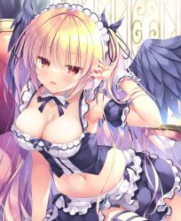 Rule 34 | 1girl, arm up, armpits, bare shoulders, black shirt, black skirt, blonde hair, bow, bowtie, breasts, cleavage, commentary request, crop top, detached collar, detached sleeves, feathered wings, frilled skirt, frills, long hair, looking at viewer, maid, maid headdress, medium breasts, midriff, miniskirt, naughty face, navel, open mouth, original, red eyes, revealing clothes, shirt, skirt, smile, solo, stomach, takano yuki (allegro mistic), two side up, very long hair, wings, wrist cuffs