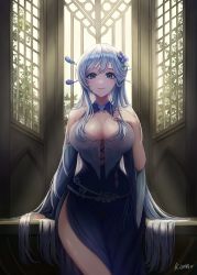 Rule 34 | 1girl, absurdres, backlighting, blue eyes, blue hair, breast curtains, breasts, cleavage, closed mouth, commission, cowboy shot, dress, flower, hair flower, hair ornament, hair stick, hand on own chest, highres, indoors, kama (kama ovo), large breasts, lenhee (kaito), long dress, long hair, looking at viewer, mole, mole under eye, original, side slit, sidelocks, signature, smile, solo, standing, sunlight, very long hair