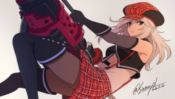 Rule 34 | 1girl, alisa ilinichina amiella, black footwear, black gloves, black pantyhose, blue eyes, boots, breasts, dated, elbow gloves, gloves, god eater, grey background, hat, highres, large breasts, long hair, looking at viewer, midriff, pantyhose, plaid, plaid skirt, red hat, red skirt, shinmai (kyata), silver hair, simple background, skirt, solo, suspender skirt, suspenders, thigh boots, thighhighs, twitter username, underboob