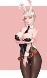 Rule 34 | 1girl, absurdres, animal ears, bad id, bad pixiv id, battle bunny riven, belt, between breasts, breast hold, breasts, brown pantyhose, carrot, cleavage, detached collar, fake animal ears, folded ponytail, gluteal fold, highres, large breasts, league of legends, leotard, lips, looking at viewer, nail polish, necktie, necktie between breasts, pantyhose, playboy bunny, rabbit ears, red eyes, red nails, riven (league of legends), short hair, silver hair, solo, thigh gap, wrist cuffs, zhano kun