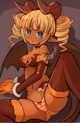 Rule 34 | 1girl, aqua eyes, arm support, bandeau, bare shoulders, blunt bangs, blush, bow, bow panties, breasts, brown bow, brown choker, brown horns, brown tail, brown thighhighs, brown wings, choker, cleavage, commentary request, curly hair, dark-skinned female, dark skin, demon girl, demon horns, demon tail, demon wings, dot nose, drill hair, feet out of frame, female focus, garoudo (kadouhan&#039;i), gloves, horns, jitome, leg lift, looking at viewer, lying, medium breasts, medium hair, midriff, navel, on side, open mouth, orange gloves, orange hair, orange panties, original, panties, petite, pointy ears, short eyebrows, skull, solo, spread legs, stomach, striped clothes, striped panties, tail, thick eyebrows, thighhighs, tongue, tongue out, twin drills, underwear, wings