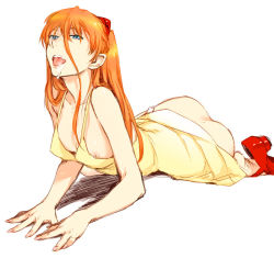 Rule 34 | 1girl, ass, bad id, bad pixiv id, blue eyes, bottomless, breasts, clothes lift, downblouse, dress, dress lift, large breasts, long hair, lying, mary janes, neon genesis evangelion, nipple slip, nipples, no panties, on stomach, open mouth, orange hair, panties, panty pull, red footwear, saliva, shoe dangle, shoes, simple background, skirt, solo, souryuu asuka langley, troche, underwear, yellow dress, yellow skirt