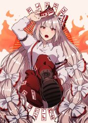 Rule 34 | 1girl, absurdres, boots, bow, brown footwear, buttons, fujiwara no mokou, hair bow, highres, long hair, long sleeves, multiple hair bows, open mouth, overalls, pants, red eyes, red overalls, red pants, shirt, solo, somei ooo, touhou, very long hair, white bow, white hair, white shirt