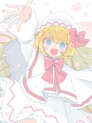 Rule 34 | 1girl, arm up, blonde hair, blue eyes, blush, bow, capelet, cherry blossoms, dress, hat, hat bow, highres, lily white, long hair, long sleeves, looking at viewer, open mouth, rio (zdhg3425), smile, solo, touhou, very long hair