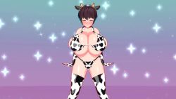 Rule 34 | 1girl, 20s, 3d, animal ears, animal print, animated, aqua background, ass, audible music, back, bandai, bell, belt, bikini, blush, bouncing breasts, breasts, brown eyes, brown hair, bursting breasts, cleavage, collar, cow ears, cow horns, cow print, cow print bikini, cow print gloves, cow tail, cowbell, dancing, elbow gloves, female focus, gloves, gradient background, happy, harimau mmd2, headset, horns, huge breasts, idolmaster, idolmaster cinderella girls, looking at viewer, matching hair/eyes, midriff, mikumikudance (medium), multicolored background, multiple views, music, namco, navel, neck bell, oikawa shizuku, pink background, plump, print bikini, print gloves, purple background, short hair, side-tie bikini bottom, simple background, singing, skindentation, smile, sound, star (symbol), starry background, swimsuit, tail, thick thighs, thighhighs, thighs, video, wide hips