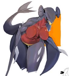 Rule 34 | 1girl, arm blade, black sclera, black skin, breasts, collarbone, colored sclera, colored skin, cowboy shot, creatures (company), cropped legs, cynthia (pokemon), dragon girl, female focus, furry, furry female, game freak, garchomp, gen 4 pokemon, large breasts, leaning forward, navel, nintendo, open mouth, personification, pokemon, pokemon (creature), red skin, reptile girl, sharp teeth, simple background, sketch, solo focus, spikes, standing, stomach, tail raised, teeth, thick thighs, thighs, toned, two-tone background, weapon, white background, wide hips, yellow eyes, yellow skin, yuio58ok