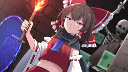 Rule 34 | 1girl, 4others, ascot, bare shoulders, blue ascot, bow, brown hair, detached sleeves, e.o., hair bow, hair tubes, hakurei reimu, highres, holding, holding torch, japanese clothes, long hair, minecraft, multiple others, navel, nontraditional miko, red bow, red eyes, ribbon-trimmed sleeves, ribbon trim, sarashi, sidelocks, skeleton, skeleton (minecraft), slime (minecraft), torch, touhou, white sleeves, wide hips
