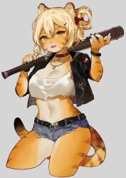 Rule 34 | 1girl, absurdres, animal ears, baseball bat, belt, black jacket, blonde hair, bracelet, breasts, choker, claws, crop top, cropped jacket, cropped legs, cutoffs, delinquent, denim, denim shorts, female focus, furry, furry female, hair rings, highres, holding bat, jacket, jewelry, large breasts, looking at viewer, medium breasts, micro shorts, nail, nail bat, navel, necklace, open mouth, orange eyes, original, shorts, solo, taegax, tail, thighs, tiger ears, tiger girl, tiger tail
