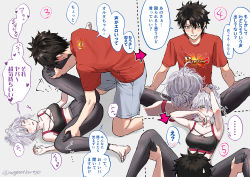 Rule 34 | 1boy, 1girl, alternate hairstyle, barefoot, black hair, blue eyes, blush, buster shirt, exercising, fate/grand order, fate (series), fujimaru ritsuka (male), jeanne d&#039;arc alter (fate), omizu (omz), sexually suggestive, simple background, sports bra, sportswear, stretching, translation request, white hair, yellow eyes