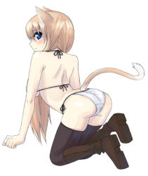 Rule 34 | 1girl, all fours, animal ears, ass, bad id, bad pixiv id, bare shoulders, bent over, blonde hair, blue eyes, blush, boots, bra, brown hair, full body, kneeling, lesskiss, lingerie, long hair, original, panties, side-tie panties, simple background, smile, solo, tail, thighhighs, underwear, underwear only