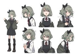 Rule 34 | 1girl, black skirt, black socks, black vest, blush, boots, bow hairband, brown footwear, closed mouth, collared shirt, commentary, english commentary, green hair, green jacket, hair between eyes, hair over one eye, hairband, highres, jacket, kneehighs, long sleeves, looking at viewer, looking away, multiple views, neck ribbon, off shoulder, open clothes, open jacket, open mouth, original, parted lips, pleated skirt, purple eyes, red ribbon, ribbon, shirt, short hair, skirt, socks, sweat, tetori rina, translation request, vest, white background