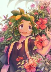 Rule 34 | 1boy, catlife72, creatures (company), dark skin, flower, game freak, green hair, hau (pokemon), hibiscus, highres, leaves, male focus, nature, nintendo, open mouth, outdoors, palm tree, pokemon, pokemon sm, ponytail, red flower, short sleeves, smile, solo, tree