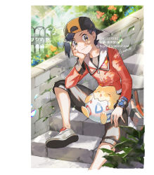Rule 34 | 1boy, backwards hat, baseball cap, black hair, border, capri pants, closed mouth, commentary request, creatures (company), day, ethan (pokemon), game freak, gen 2 pokemon, grey eyes, grey footwear, hat, jacket, kusuribe, leaf, looking at viewer, male focus, nintendo, orange jacket, outdoors, pants, pokemon, pokemon (creature), pokemon hgss, shoes, short hair, signature, sitting, smile, stairs, togepi, watermark, white border