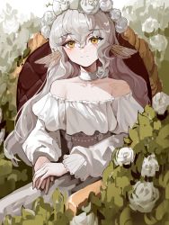 Rule 34 | 1girl, animal ears, armchair, bare shoulders, blush, bow, chair, closed mouth, collar, commentary, dress, english commentary, flat chest, flower, grey hair, hair between eyes, head wreath, highres, long hair, long sleeves, looking at viewer, original, plant, sitting, solo, strapless, strapless dress, white bow, white collar, white dress, white flower, xu jeff, yellow eyes