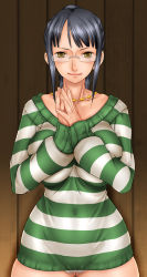 Rule 34 | 1girl, black hair, blush, breast press, breasts, brown eyes, collar, collarbone, covered navel, cowboy shot, dress, female focus, glasses, highres, indoors, jewelry, large breasts, legs, long hair, long sleeves, looking at viewer, necklace, nico robin, one piece, one piece: strong world, own hands together, panties, parted bangs, ponytail, rimless eyewear, sakuradou, short dress, smile, solo, striped clothes, striped dress, striped sweater, sweater, sweater dress, thighs, underwear, white panties, yellow eyes