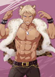 Rule 34 | 1boy, abs, absurdres, animal ears, belt, blonde hair, blue eyes, bulge, collarbone, dark-skinned male, dark skin, dog tags, drumsticks, extra ears, grin, highres, male focus, muscular, nipples, open clothes, open vest, pectorals, purple background, rom (show by rock!!), show by rock!!, smile, tail, tamahiro, topless male, vest