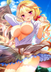 Rule 34 | 1girl, bad id, bad pixiv id, black skirt, blonde hair, blush, breasts, breasts out, cherry hair ornament, collared shirt, cowboy shot, day, dress shirt, food-themed hair ornament, hair intakes, hair ornament, hair ribbon, highres, large breasts, long hair, long sleeves, looking at viewer, miniskirt, nipples, open clothes, open mouth, open shirt, outdoors, panties, pantyshot, petticoat, pleated skirt, puffy nipples, purple panties, red eyes, red ribbon, ribbon, school uniform, shironeko project, shirt, sierra (shironeko project), sigma rio, skindentation, skirt, smile, solo, standing, unbuttoned, unbuttoned shirt, underwear, very long hair, white shirt, wind, wind lift