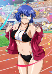 Rule 34 | 1girl, ahoge, blue hair, breasts, buruma, cowboy shot, day, ikkitousen, large breasts, official art, outdoors, ryomou shimei, short hair, solo, sports bra, standing, track and field, track suit, track uniform, two-tone sports bra