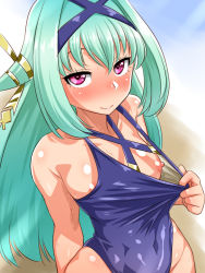 Rule 34 | 1girl, bad id, bad pixiv id, blush, breasts, clothes lift, green hair, hair ornament, highres, long hair, looking at viewer, maeda r44, mogami yoshiaki (sengoku collection), nipples, one-piece swimsuit, purple eyes, sengoku collection, small breasts, solo, sweat, swimsuit, swimsuit lift, wavy mouth
