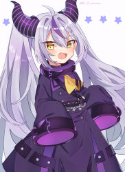 Rule 34 | 1girl, absurdres, ahoge, alternate hairstyle, ascot, black horns, braid, braided bangs, collar, fangs, grey hair, highres, hololive, horns, la+ darknesss, la+ darknesss (1st costume), long hair, looking at viewer, metal collar, multicolored hair, naka, o-ring, open mouth, pointy ears, purple hair, sleeves past fingers, sleeves past wrists, solo, streaked hair, striped horns, twintails, virtual youtuber, yellow ascot, yellow eyes