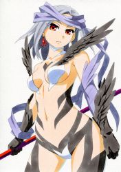 Rule 34 | 10s, 1girl, breasts, earrings, highres, holding, iona (wixoss), jewelry, kawachi koorogi, looking at viewer, marker (medium), navel, red eyes, selector wixoss, short hair, silver hair, single earring, solo, stick, traditional media, wings, wixoss