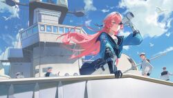 1girl 4boys bird blue_eyes blue_sky hand_up highres multiple_boys nase_(trigger_of_fate_the_novita) on_ship pink_hair seagull ship_deck sky spyglass telescope trigger_of_fate_the_novita