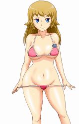 Rule 34 | 10s, 1girl, bare arms, bare shoulders, bikini, bikini bottom lift, bikini bottom pull, bikini pull, blonde hair, blue eyes, breasts, clothes pull, collarbone, covered erect nipples, curvy, gundam, gundam build fighters, gundam build fighters try, hair down, highres, hoshino fumina, large breasts, legs, long hair, navel, pink bikini, smile, solo, swimsuit, thighs, tof, undressing, wide hips