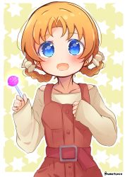 Rule 34 | 1girl, blue eyes, border, braid, brown dress, brown shirt, candy, casual, commentary, dress, food, girls und panzer, hair ornament, highres, holding, holding candy, holding food, holding lollipop, lollipop, long sleeves, looking at viewer, namatyoco, open mouth, orange hair, orange pekoe (girls und panzer), outline, parted bangs, pinafore dress, red sash, sash, shirt, short hair, sleeveless dress, sleeves past wrists, smile, solo, star (symbol), starry background, twin braids, twitter username, upper body, white border, white outline, yellow background